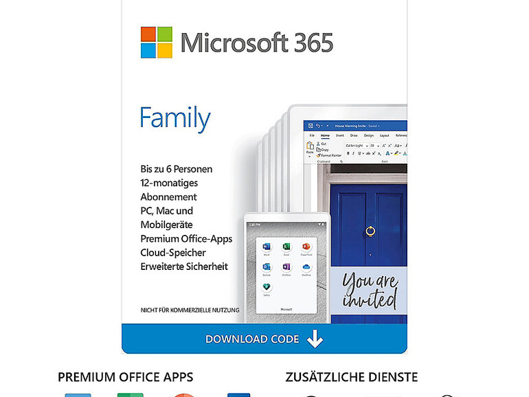 Das Familien-Abo für Microsoft 365 für ein Jahr inklusive Cloudspeicher und Office-Apps gibt es für 70 Euro.