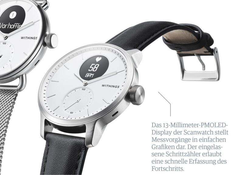 Die Scanwatch verfügt über ein kratzfestes Saphirglas und ist bis 50 Meter wasserdicht, was einem Druck von 5 Bar entspricht.