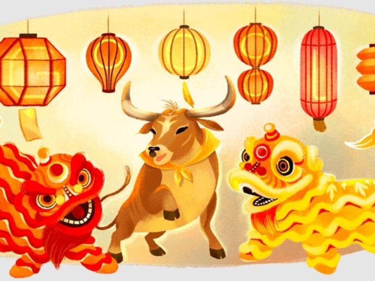 Das Google-Doodle zeigt einen lebhaften Löwentanz.