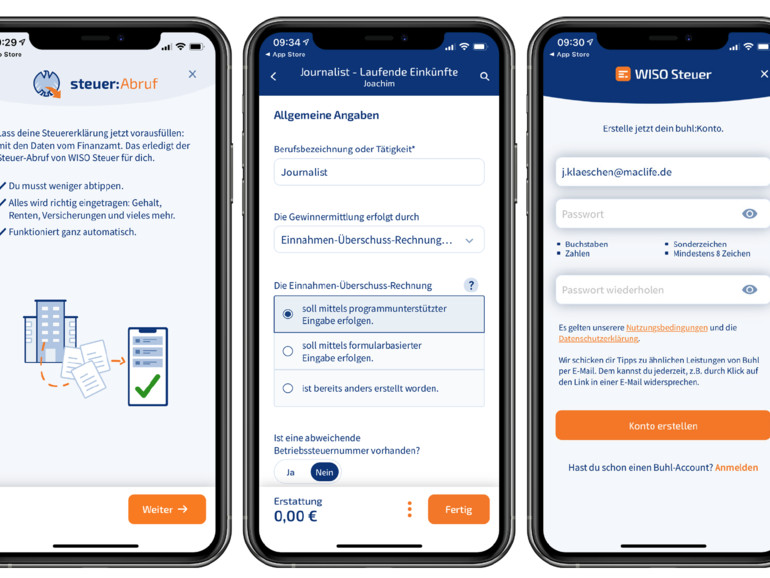 Der Steuer-Abruf erspart dir die mühsame und fehleranfällige Eingabe von Daten. Eingabemasken und Auswahlmenüs führen dich durch die Steuererklärung. Mithilfe des buhl:Konto gleichst du deine Daten zwischen allen Geräten ab.