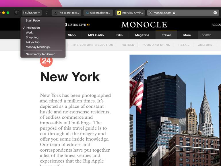 Die neue Safari-Oberfläche integriert die Tabs in die Befehlsleiste. Außerdem lassen sich Tabs zu Gruppen zusammenfassen und teilen.