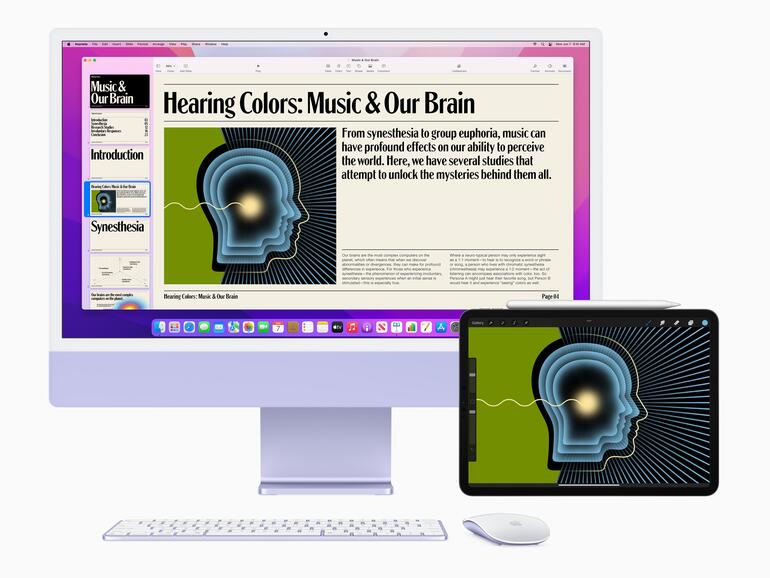Mit Universal Control kannst du mehrere Geräte mit einer Tastatur und Maus steuern und Objekte einfach per Drag-and-Drop austauschen.