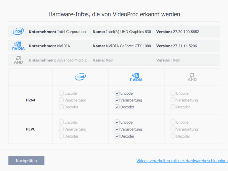 Hardware-Infos, die von VideoProc erkannt werden