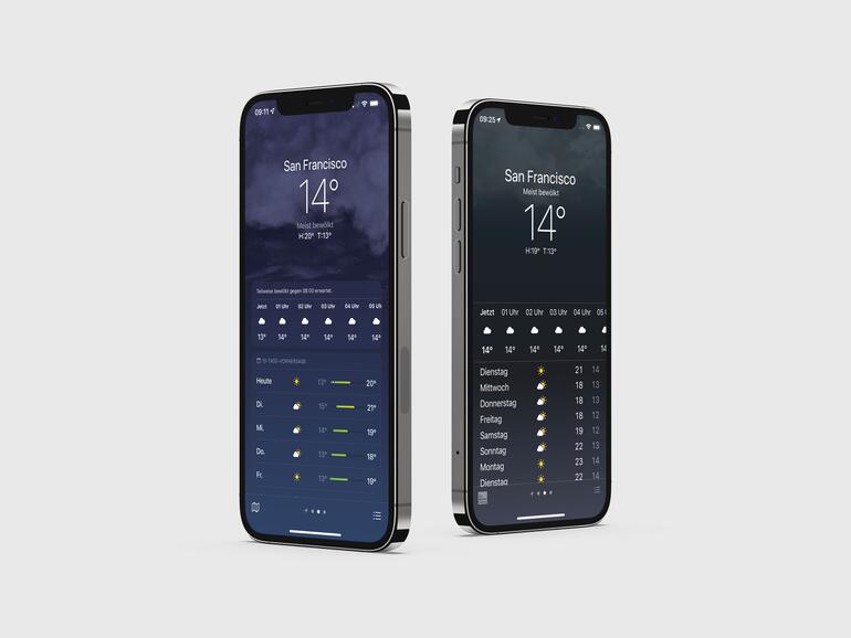 Vergleicht man die Wetter-App von  iOS 15 und iOS 14 direkt, dann fallen die Unterschiede sofort auf