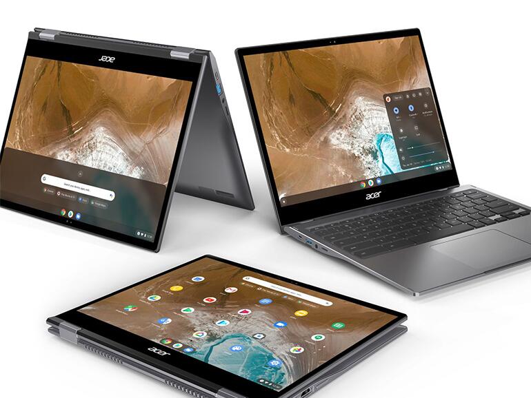 Ob als klassischer Laptop mit hochwertiger Tastatur und 3:2-Display, als „Zelt“ oder als Tablet mit USI-Pen-Unterstützung: Das komplett aus Aluminium gefertigte Chromebook Spin 713 macht eine gute Figur.