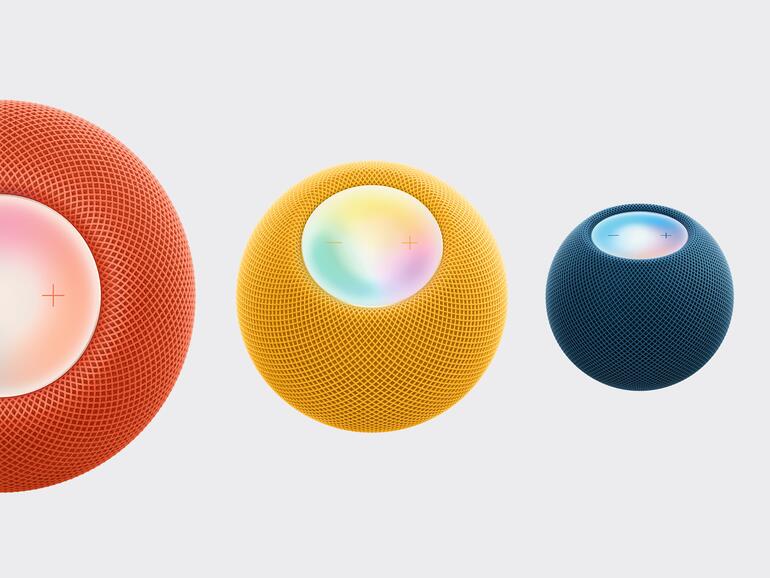 Der HomePod mini ist ab sofort neben Weiß und Space Grau auch in drei neuen kräftigen Farben erhältlich: Orange, Gelb und Blau.