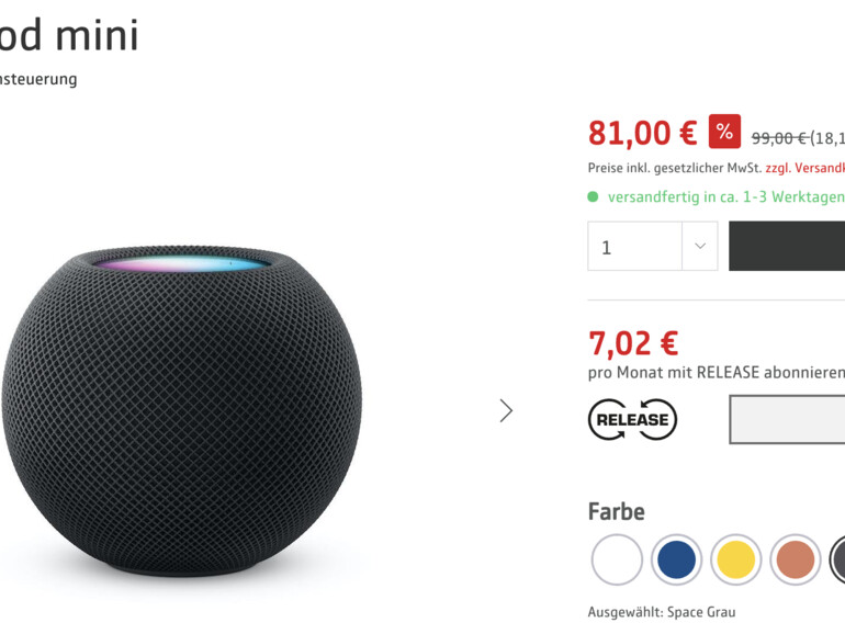 Bei Comspot ist der HomePod mini auf 81 Euro reduziert und derzeit noch lieferbar. Die Telekom hatte zwar ein noch günstigeres Angebot, das war aber sofort ausverkauft.