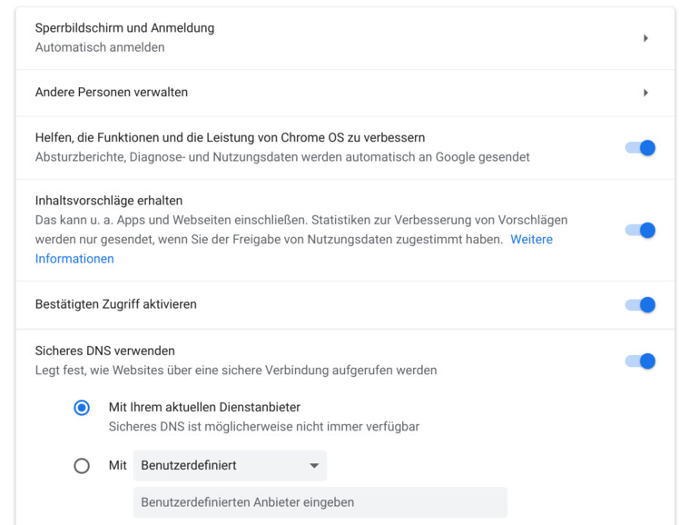 Kleiner Chrome-OS-Crashkurs: In den Einstellungen für „Sicherheit und Datenschutz“ legst du fest, ob und welche Daten du während der Arbeit mit deinem Chrome-Gerät an Google übermitteln möchtest. Bedenke, dass es sich bei Chrome OS Flex noch um eine Beta-Version handelt – Berichte über mögliche Abstürze helfen also bei der Weiterentwicklung.