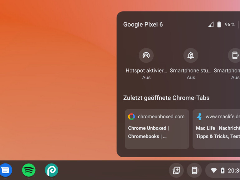 Kleiner Chrome-OS-Crashkurs: Der Phone Hub verbindet deinen Chrome-Rechner mit einem Android-Smartphone. Das iPhone unterstützt er nicht – Apple wird einen derart umfangreichen Systemzugriff nicht gestatten.