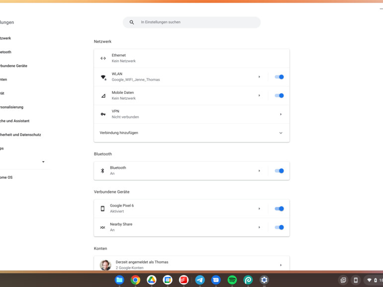 Kleiner Chrome-OS-Crashkurs: Mithilfe der Einstellungen-App konfigurierst du deinen Chrome-Rechner. Hier wählst du etwa das Netzwerk aus, verbindest Bluetooth-Geräte, legst die Bildschirmauflösung fest und legst zusätzliche Benutzungskonten an.