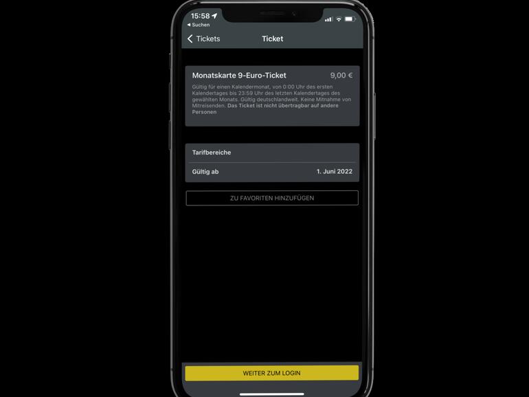 Ein Klick auf die Infos zum 9-Euro-Ticket führt direkt weiter zum Kauf.
