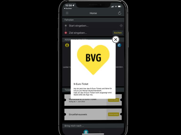 Das 9-Euro-Ticket ist auch in der BVG Fahrinfo und in der BVG Ticket-App angekommen. Es wird prominent auf der Startseite beworben.