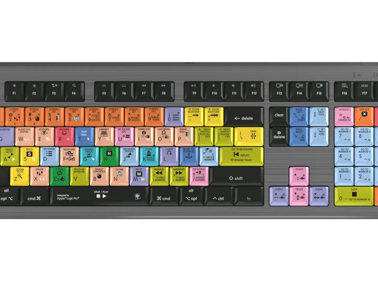 Farbige Tasten mit anwendungsspezifischer Beschriftung sind häufig in Tonstudios und Videoschnittplätzen zu finden, etwa mit Layouts für Logic Pro X und Final Cut Pro.