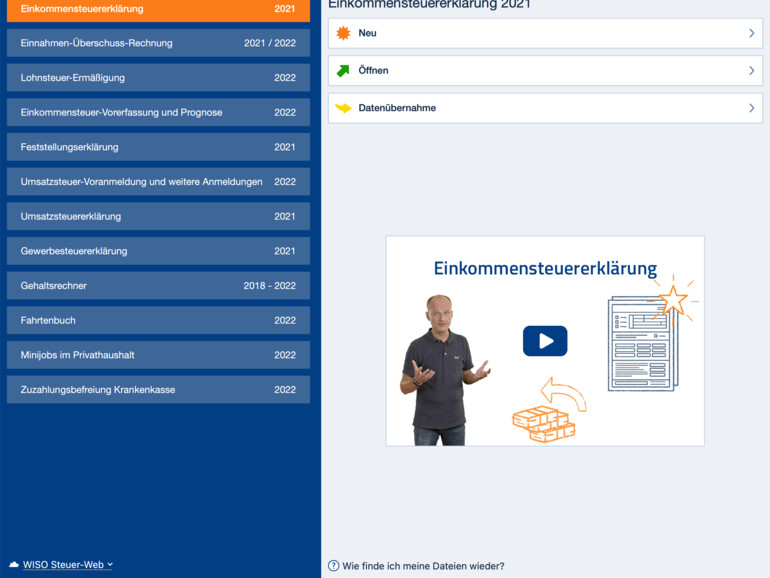 Vom Startcenter aus wählst du eine der möglichen Steuererklärungen aus.