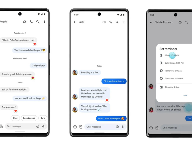 Google erweitert die Fähigkeiten seiner Messages-App und bringt sie auf iMessage-Niveau. Zu den neuen Funktionen gehören Tapbacks vom und zum iPhone, die Nachrichten-Unterstützung ohne Mobilfunkverbindung in Flugzeugen bestimmter Airlines sowie das Setzen von Erinnerungen bei der Erwähnung von Terminen.