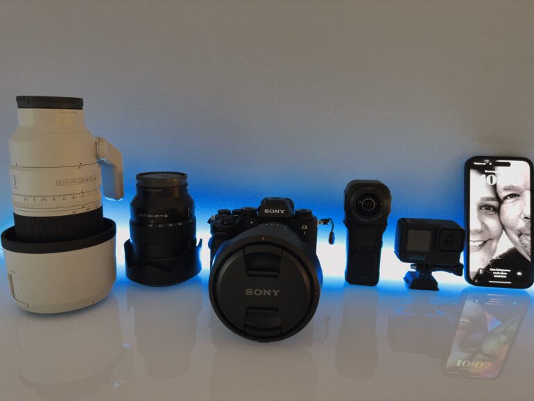 Sonys Alpha 1 samt Profi-Objektiven, die Insta360 One RS 1-Zoll 360 Edition und die Gopro Hero11 Black fordern das iPhone 14 Pro Max heraus – und das Apple-Handy schlägt sich prima.