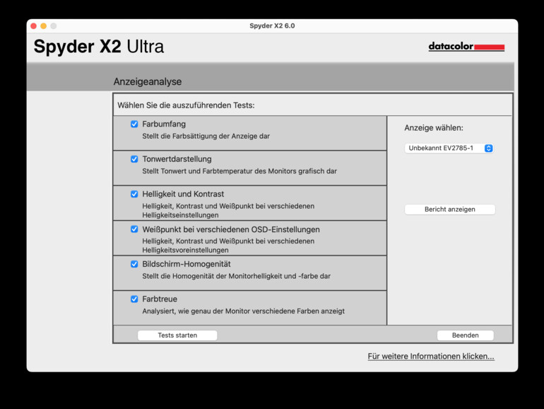 Im Analysemodus wirst du aufgefordert, die für dich relevanten Tests auszuwählen.
