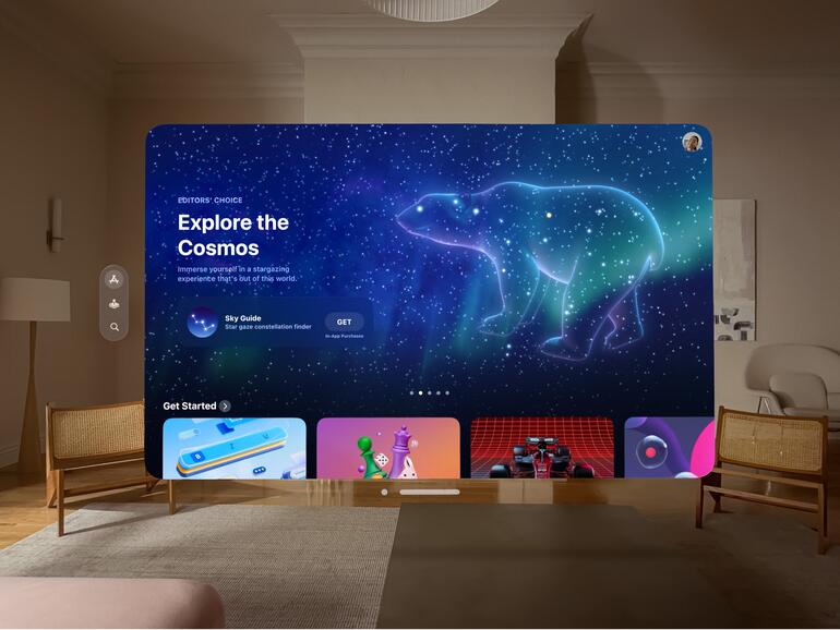 Vision Pro zaubert Apps in die echte Welt, auf Wunsch auf einem virtuellen 100-Zoll-Display.