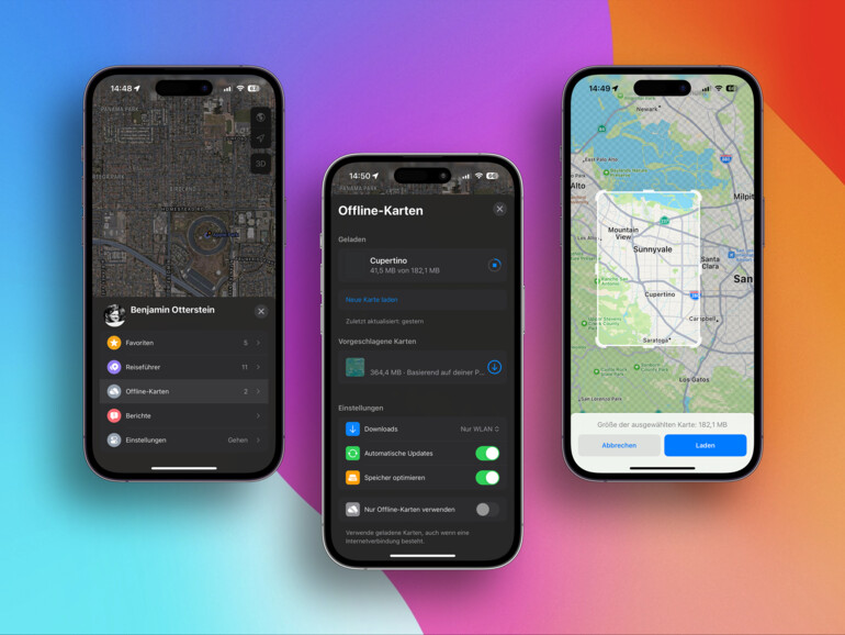 Karten in iOS 17 herunterladen: Öffne die Karten-App, wähle dann dein Profilbild aus. Tippe auf „Offline-Karten“, bevor du auf „Neue Karte laden“ tippst. Wähle jetzt den Karten-Ausschnitt aus und tippe noch auf „Laden“. Fertig.