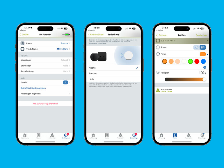 Die optionale Eve-App bietet einige zusätzliche Optionen. Grundsätzlich lässt sich die Flare aber auch nur mit der Home-App steuern.