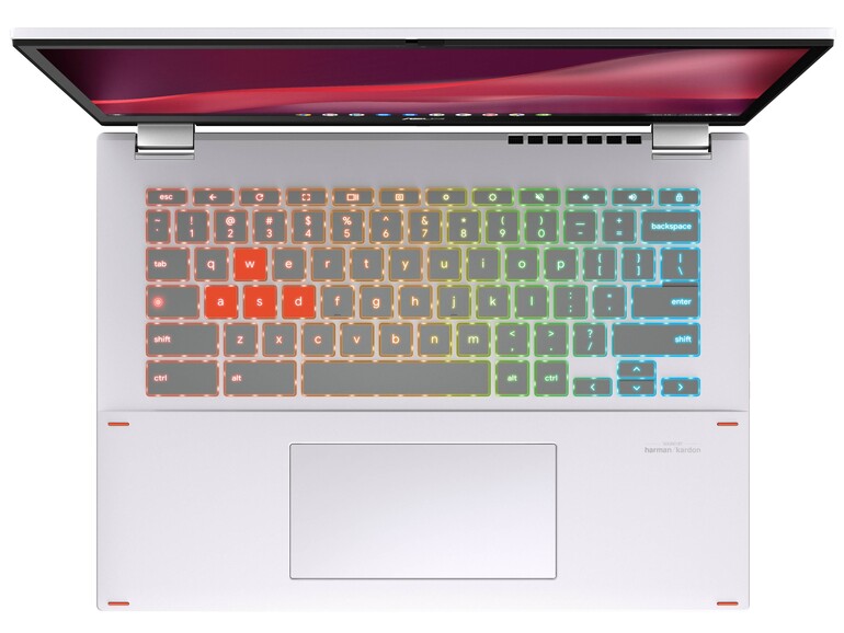 Asus gönnt seinem Gaming-Chromebook ein RGB-Keyboard – ganz ähnlich wie bei HPs Topmodell Dragonfly Pro kannst du es also in den Farben des Regenbogens selbst kolorieren.