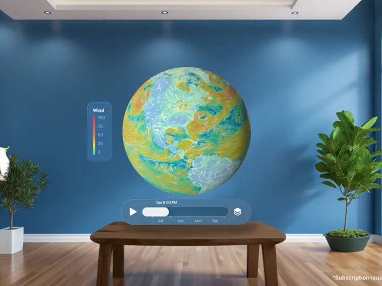 Carrot Weather zeigt einen 3D-Globus im virtuellen Raum
