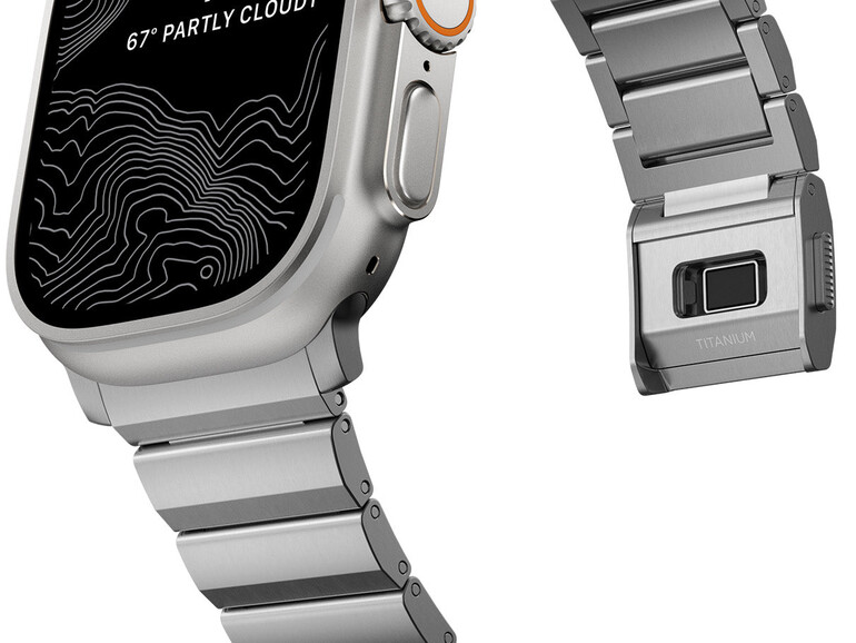Das Nomad Titanium Band passt deutlich besser zur Apple Watch Ultra als das originale Edelstahl-Gliederarmband.