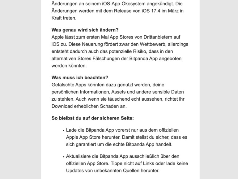 Die E-Mail von Bitpanda mahnt zur Vorsicht