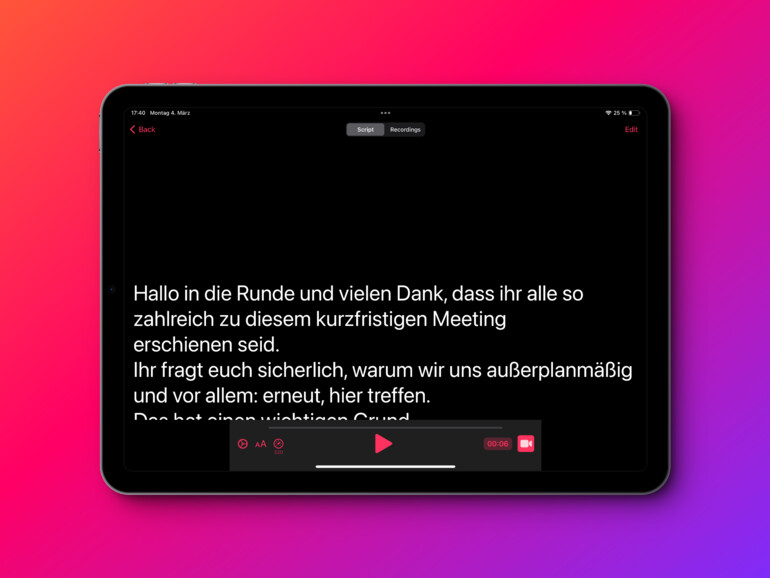 Teleprompter verwandelt das iPhone oder iPad in eine Vorlesehilfe.