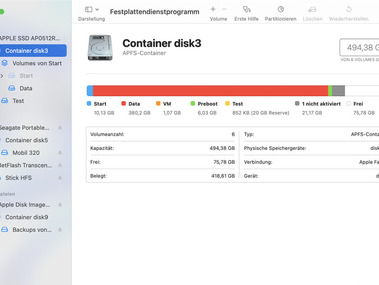 Das Festplattendienstprogramm ist die zentrale Anlaufstelle für alles rund um die Einrichtung und Überprüfung von Speichermedien aller Art.