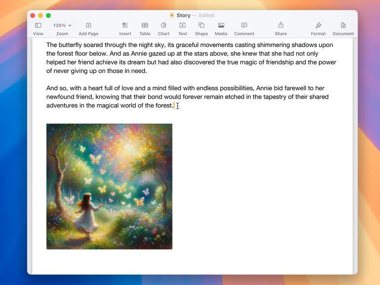 Die generierte Gute-Nacht-Geschichte, sogar mit Illustration