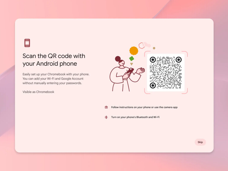 Erinnert ebenfalls an den Mac: Ein QR-Code verknüpft bei der Ersteinrichtung das Chromebook mit einem Android-Smartphone, um Wi-Fi-Daten und dein Google-Konto zu übergeben.