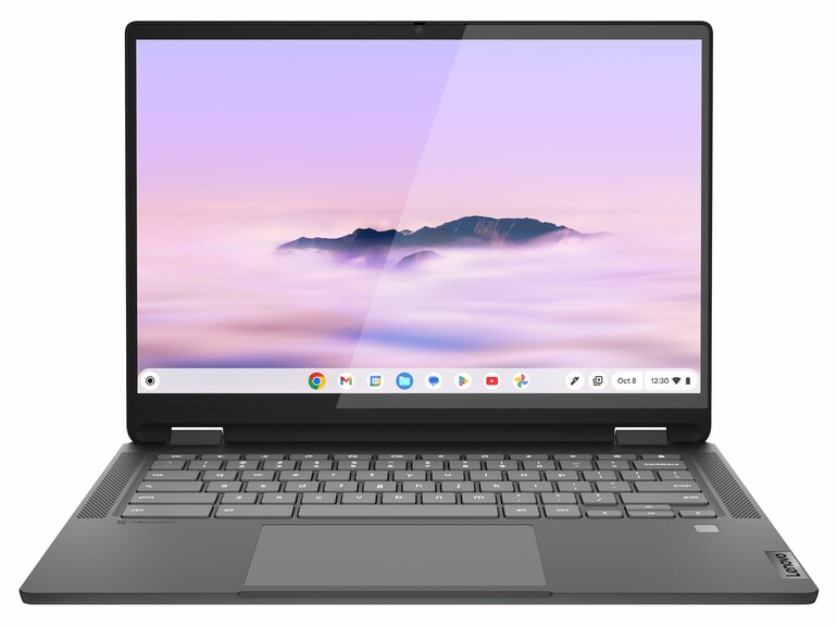 Ein klares Design in „Sturmgrau“: Das Lenovo Ideapad Flex 5i Chromebook Plus versprüht eine dezente Professionalität – und verbaut viel Hartplastik. Angenehm ist das üppige Touchpad. Die Lautsprecher strahlen nach oben ab, sind aber etwas schwachbrüstig.