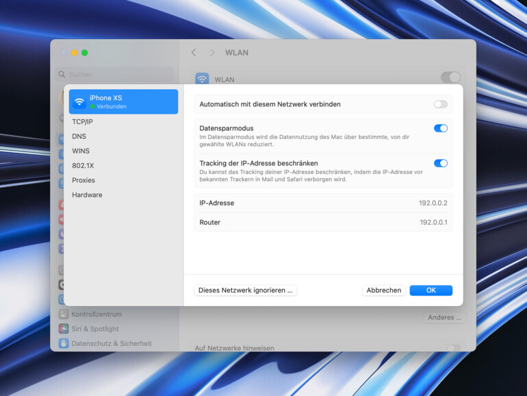 Datensparmodus am iPhone-Hotspot nicht vergessen! Er reduziert Netzaktivitäten wie zum Beispiel automatische Downloads.
