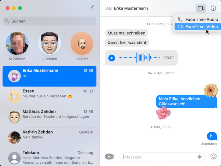 Über das FaceTime-Menü lassen sich Kontakte – auch ganze Gruppen – direkt aus Nachrichten anrufen.