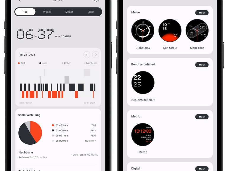Die iPhone-App zur CMF Watch Pro 2 ist übersichtlich gestaltet und bereitet die erfassten Gesundheitsdaten anschaulich auf. Sie bietet über 100 exklusiv entworfene Zifferblätter zur Auswahl.