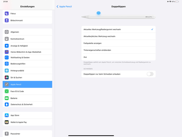 Für die Doppeltipp-Geste stehen mehrere Aktionen zur Auswahl.
