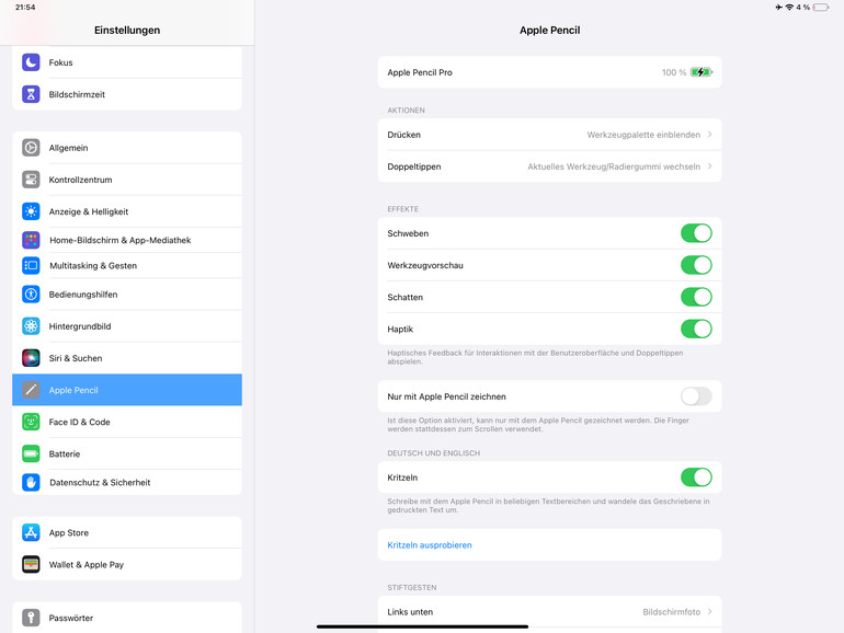 Im Apple Pencil-Menü lassen sich einige Einstellungen vornehmen.