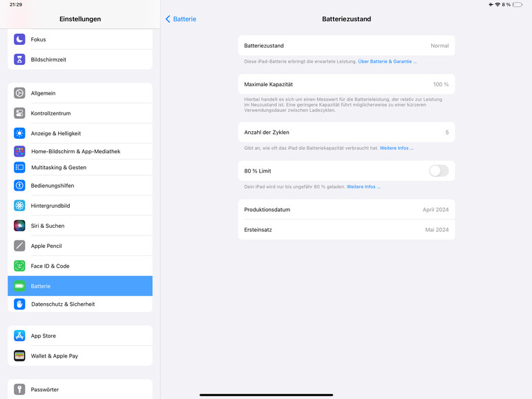 In dem neuen Menü kannst du sehen, wie oft du dein iPad geladen hast, wann es produziert wurde und kannst auch ein Ladelimit einstellen.