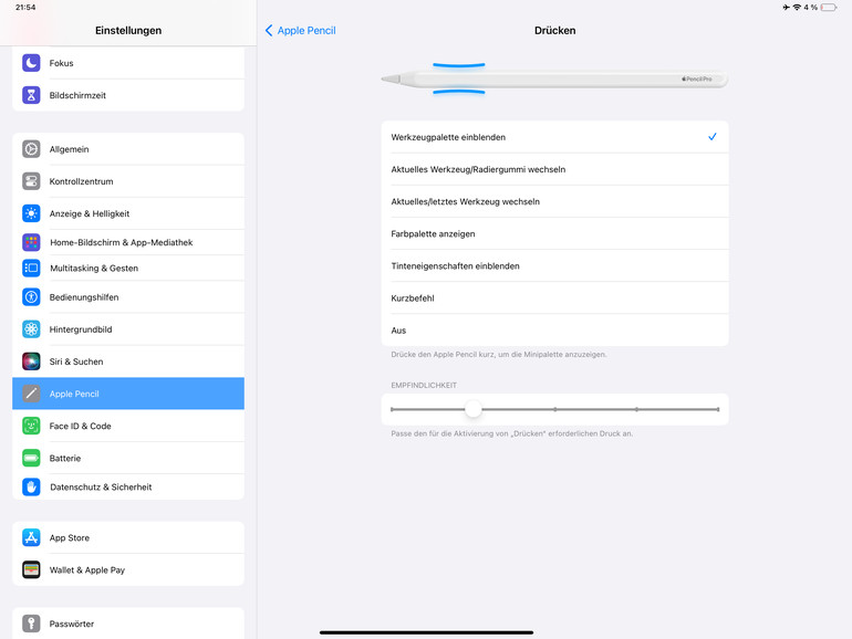 Das Drücken lässt sich parallel zum Doppeltippen anpassen.