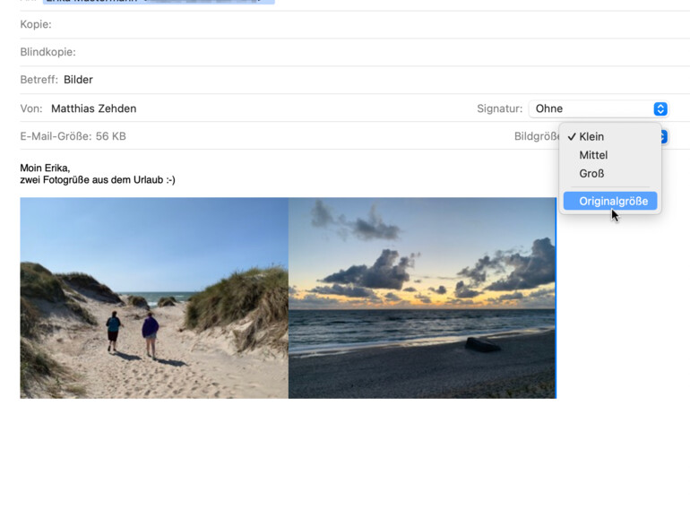 Mail kann die Dateigröße von Fotos reduzieren. Vorsicht: Die App merkt sich die letzte Einstellung!