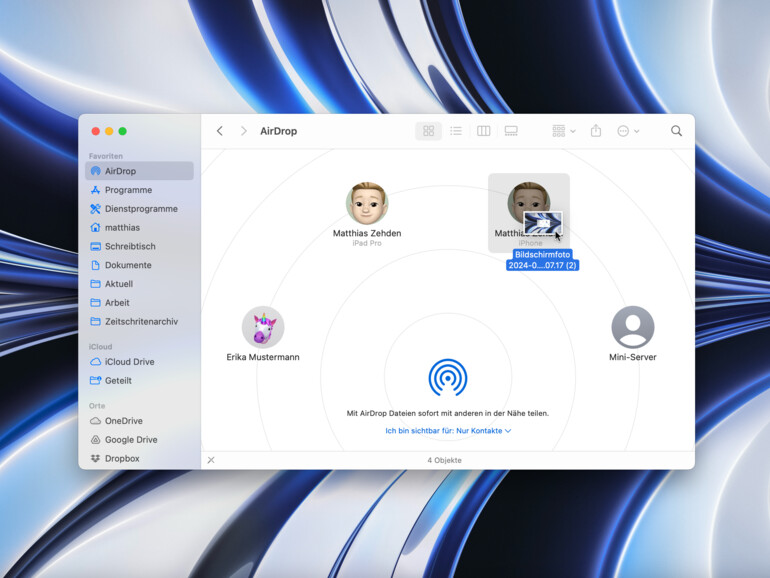 Mit AirDrop lassen sich beliebige Dateien an Apple-Geräte in der Nähe übertragen.
