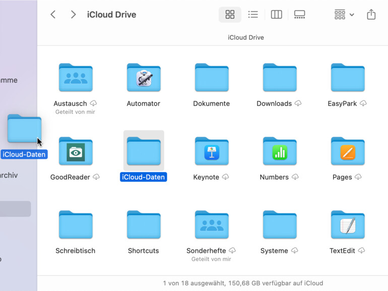 Ziehe einen Ordner von iCloud Drive in die Seitenleiste, um ihn schneller zu erreichen.