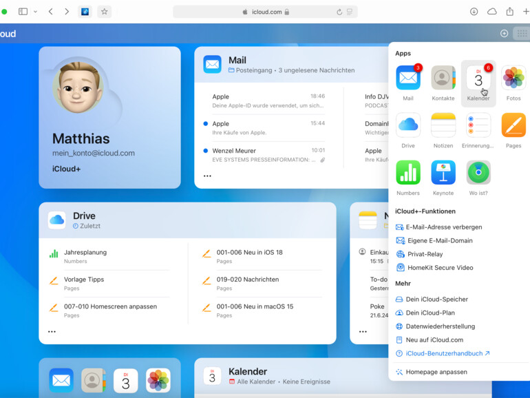 iCloud.com bietet in einer übersichtlichen Oberfläche Zugriff auf die iCloud-Daten. So reicht unterwegs ein Browser.