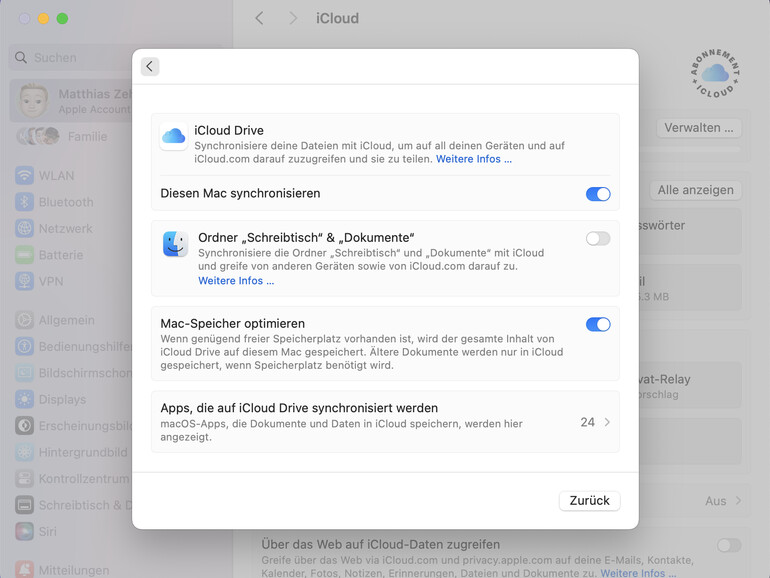 Die Option „Mac-Speicher optimieren“ löscht lokale Kopien von iCloud Drive, wenn auf dem Startvolume wenig Platz ist.