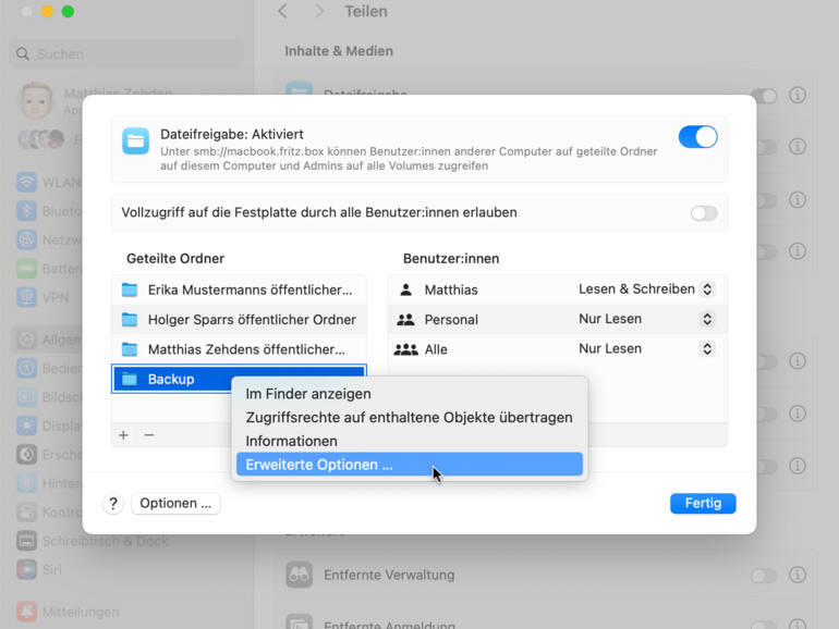 Eine Freigabe erlaubt das zentrale Backup mehrerer Macs auf einer großen Platte.