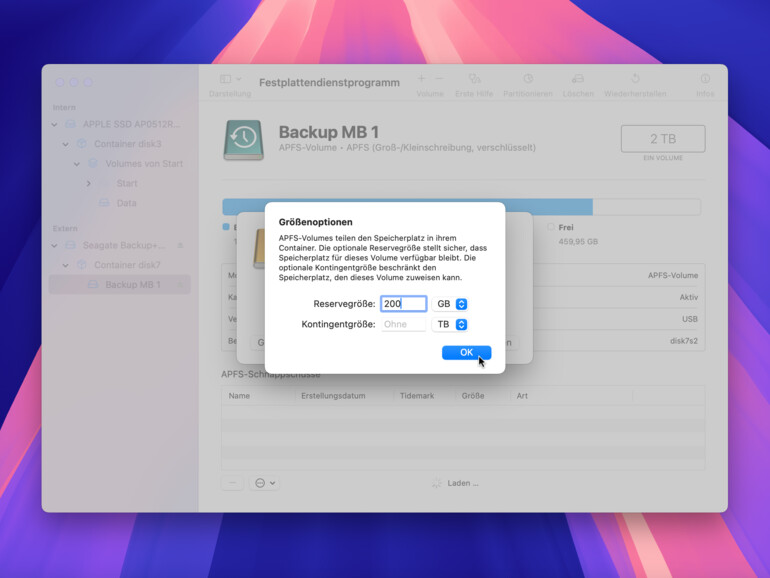 Über die Größenoptionen lässt sich im Festplattendienstprogramm Platz für ein APFS-Volume reservieren oder seine Größe begrenzen.