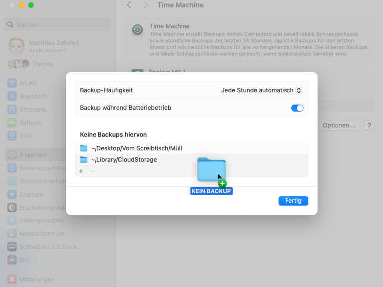In den Time-Machine-Einstellungen führt der Mac eine Liste der Objekte, die er vom Backup ausnimmt.