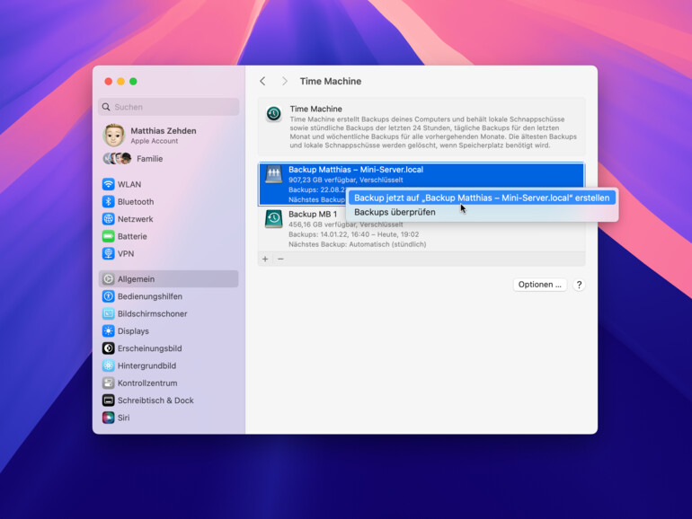 Bei mehreren Backup-Medien wechselt Time Machine automatisch, doch du kannst in den Einstellungen manuell die Sicherung auf einem bestimmten Volume starten.