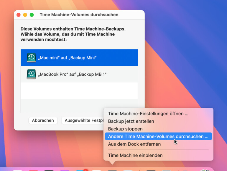 Der Mac kann alle angeschlossenen Time-Machine-Volumes anzeigen und zur Wiederherstellung von Dateien nutzen.